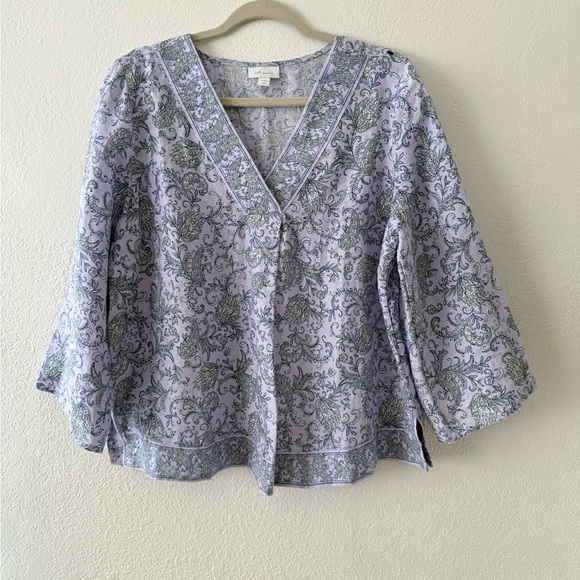J. Jill Love Linen Purple Paisley Boho Popover Blouse Border Print Boxy Sz Large - Picture 4 of 11